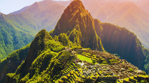 An overview of the ancient city of Machu Picchu nestled in the mountains