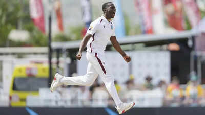 Shamar Joseph celebrates a key wicket against Australia.