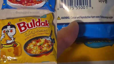 Instant ramen packet with cancer warning label