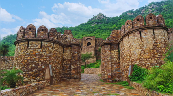 The deserted Bhangarh Fort at dusk.