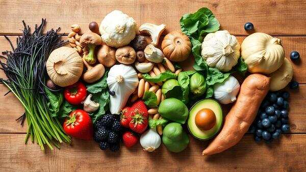 Fresh vegetables on a rustic table setting.