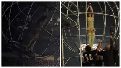 Katy Perry narrowly escapes a fall after a prop malfunction during her Australian tour.