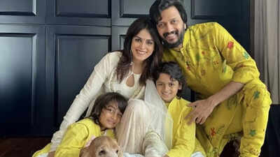 Riteish Deshmukh with his sons and wife, Genelia Deshmukh
