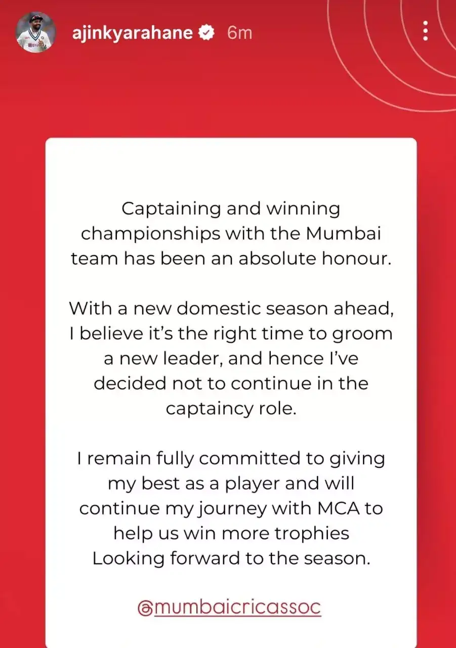 Ajinkya Rahane Resigns as Mumbai Captain, Citing Need for New Leadership; Iyer, Yadav Among Potential Replacements
